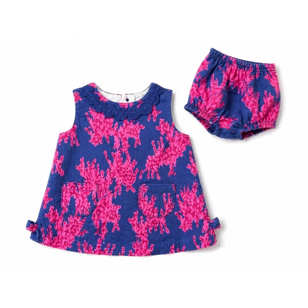 Lilly Pulitzer Pink Blue Giraffe Print Shift Dress & Diaper Cover Size 3-6 mo